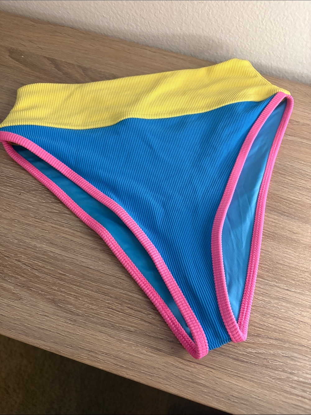 Beach Riot Blue Bikini Bottom with Yellow Waistband and Pink Trim